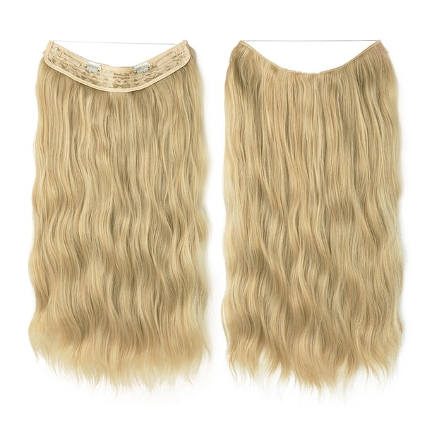 Zhuge Extensiones de cabello con alambre, gruesas, rizadas, onduladas, invisibles, con clip de línea de pescado, postizo sintético para mujeres, 20 pulgadas, rubio dorado