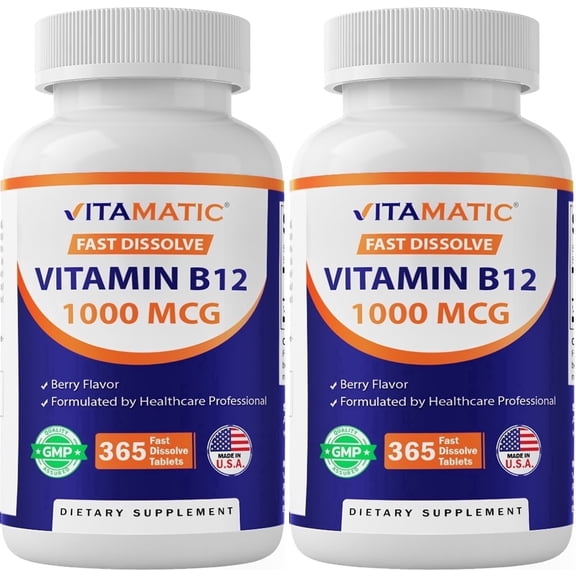 Vitamatic Vitamin B12 1000 mcg Fast Dissolve 365 Tablets - Berry Flavor - Supports Energy Metabolism - 2 Pack