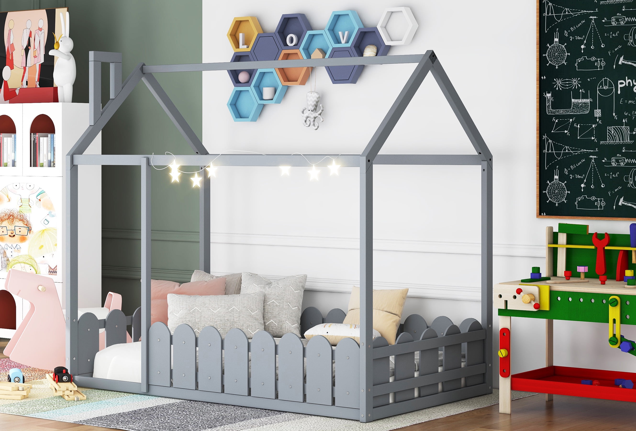Aukfa House Bed for Kids, Wood Bed Frame with Roof and Fence, Twin Bed, Gray