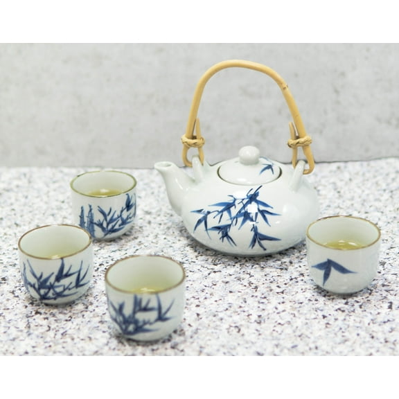 Blue Oriental Bamboo Branches And Leaves Design Porcelain Tea Pot And 4 Cups Set