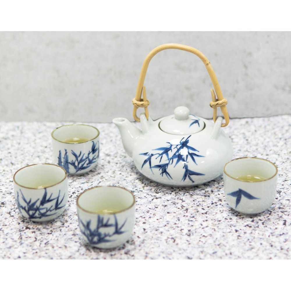 Blue Oriental Bamboo Branches And Leaves Design Porcelain Tea Pot And 4