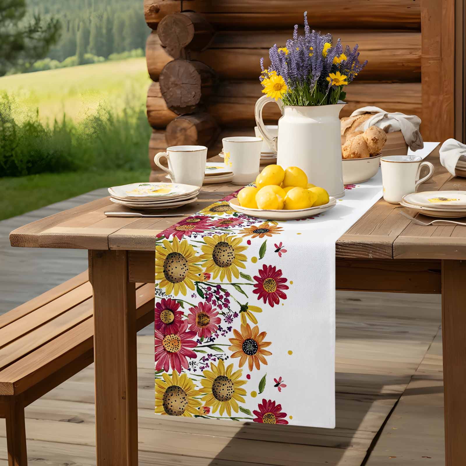 Summer Yellow Red Chrysanthemum Table Runner 90 Inches Long, Watercolor Pastoral Floral Table Runners Tabletop Scarf Kitchen Dining Tables Decoration for Home Party Indoor Outdoor