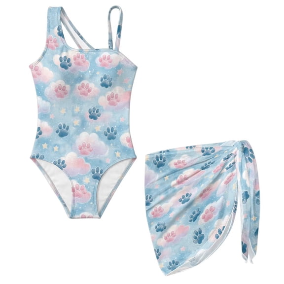 Xoenoiee Dog Paw Star Cloud Pattern Girls Swimsuits Halter One Piece Bathing Suit with Cover Up Skirt Adjustable Strap Teen Girl Swimsuit Swimwear Set, Size 7-8 Years