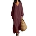 thumbnail image 2 of Guieoi Shift Dresses for Women 2026 Fall Long-Sleeve V-neck Cotton-Linen Split-Hem Dress Red L, 2 of 7