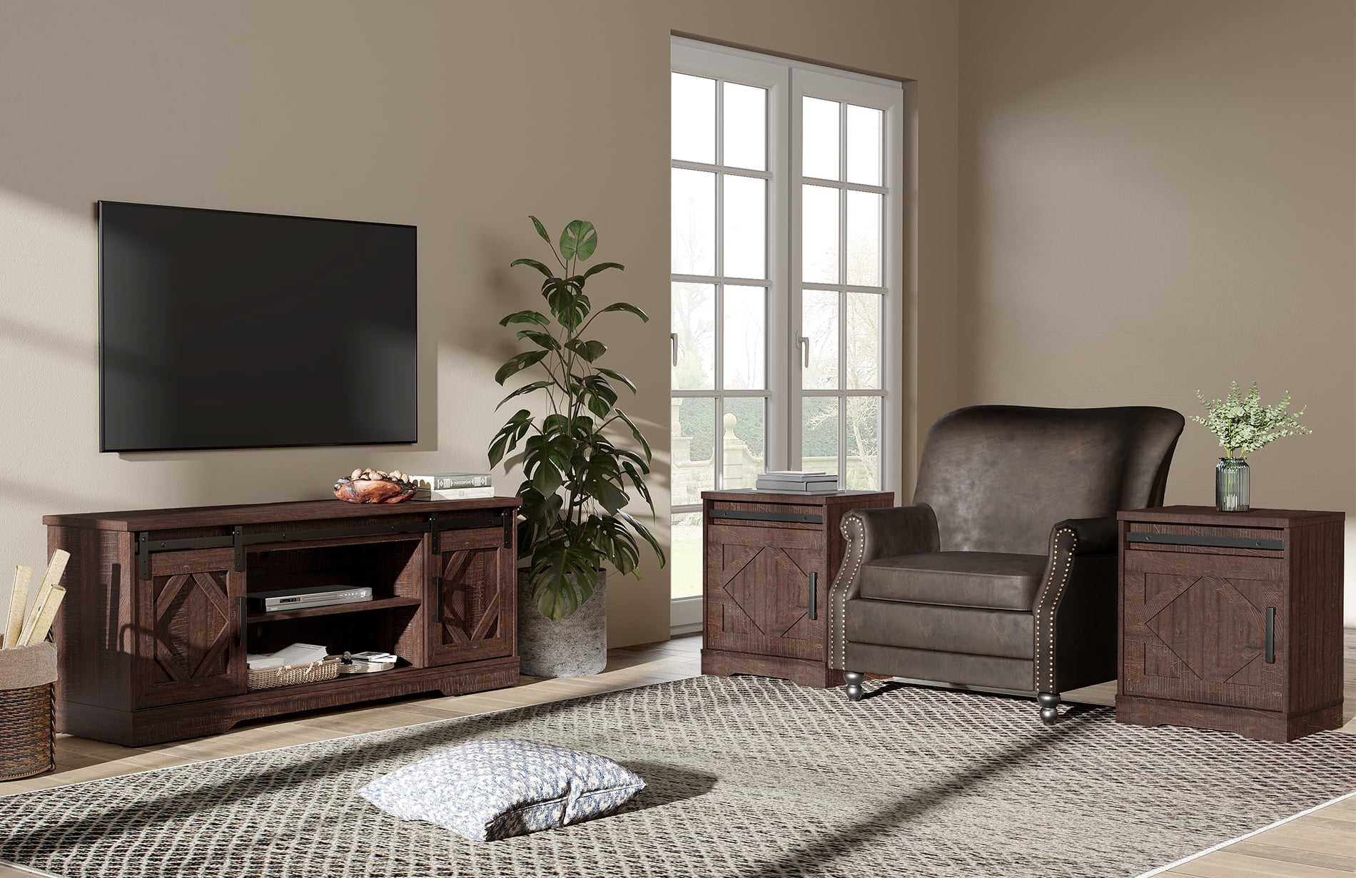 WAMPAT Farmhouse Sliding Barn Door TV Stand for TVs Up to 85", Wooden Storage Entertainment Center, Modern Media TV Console Table with 3-Tier Adjustable Shelf for Living Room,