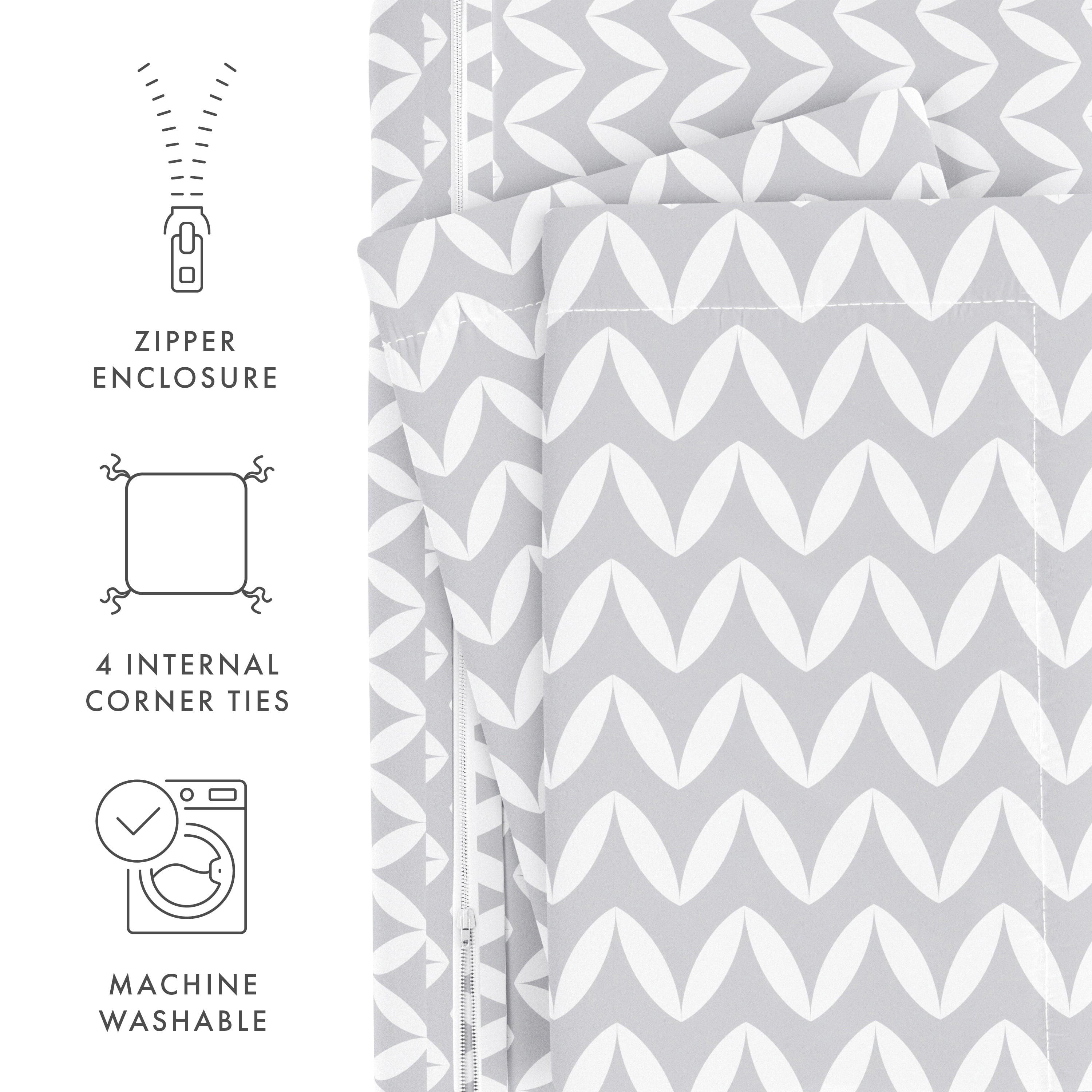 Noble Linens Light Gray Puffed Chevron Print Duvet Set 3-Piece Duvet Cover Set, Full/Queen