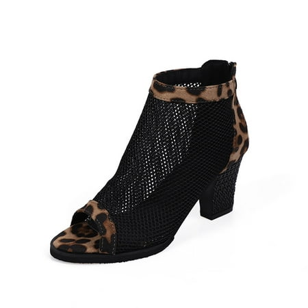 

Womens Sandals Ladies Mid-Cut Block Heel Zipper Black Leopard Mesh Fashion High-Heeled Sandals Women S Sandals Mesh Brown 37