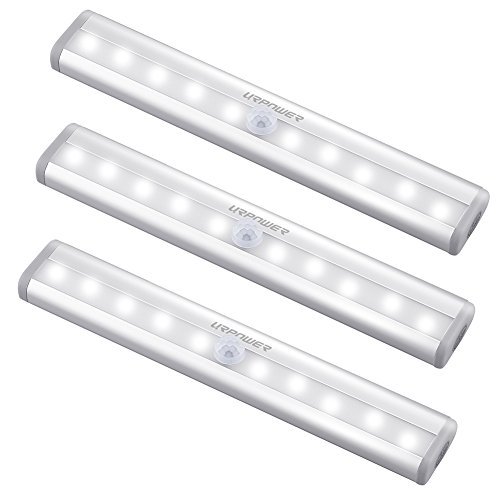 URPOWER Motion Sensor Light Indoor, 10 LED Motion Sensor Closet Lights Battery Operated Magnetic Under Cabinet Lights Strip Wireless Stick Up Night Lights Bar for Closet Kitchen Hallway Stair (3 Pack)