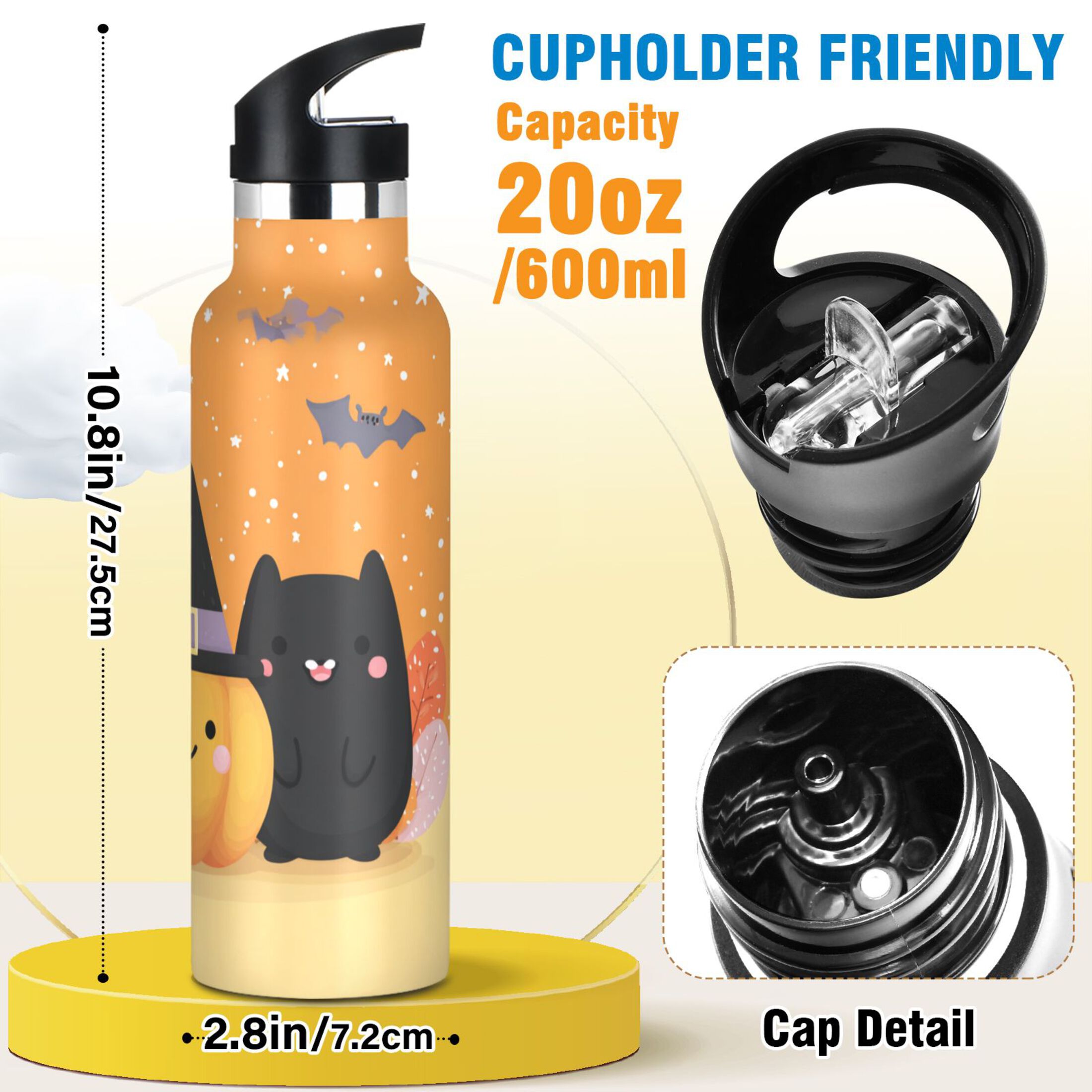 Kids Insulated Stainless Steel Sports Water Bottle 600ml (20oz) Snowman and Pumpkin