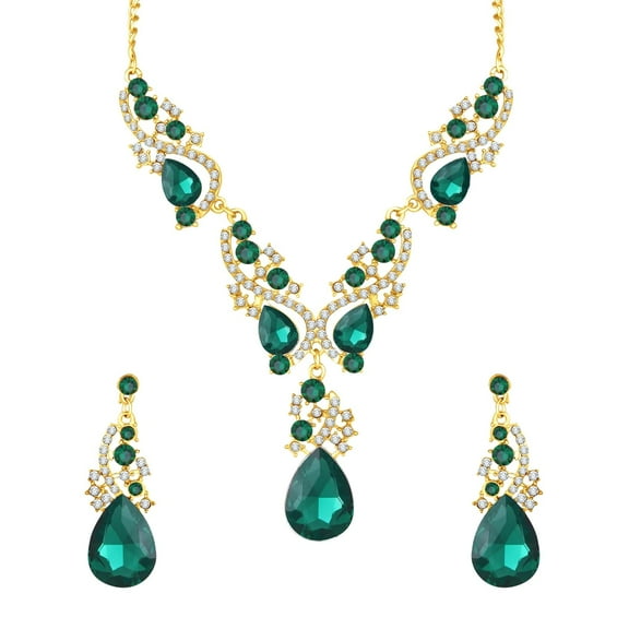 Parshwa Creations Indian Gold Plated Crystal Drop Jewelry Set,Bollywood Style Wedding & Bridal Wear Necklace Earrings Rhinestone Jewelry Set GREEN