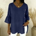 thumbnail image 7 of cocolona Womens Summer Linen Tops V Neck Ruffle 3/4 Sleeve Shirts Casual Loose Solid Color Side Button Blouses, 7 of 7