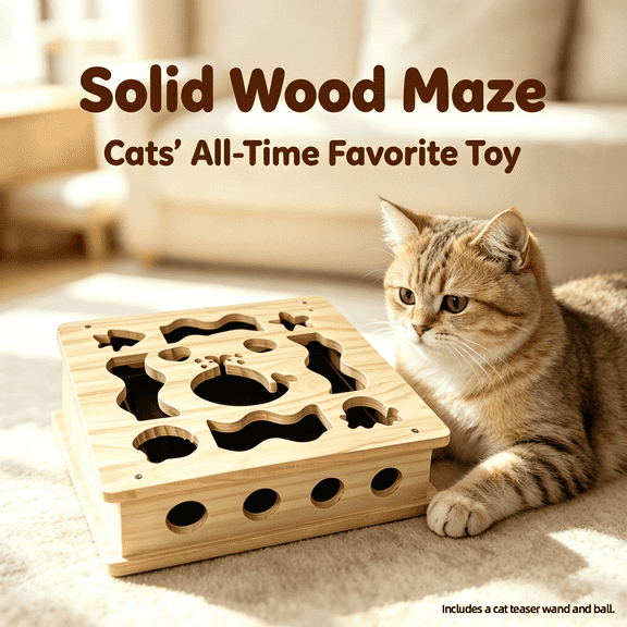 Interactive Solid Wood Cat Maze Scratch Box, Cat Nail File Puzzle Toy with Bell Balls & Feather Teaser Wand for Indoor Kittens