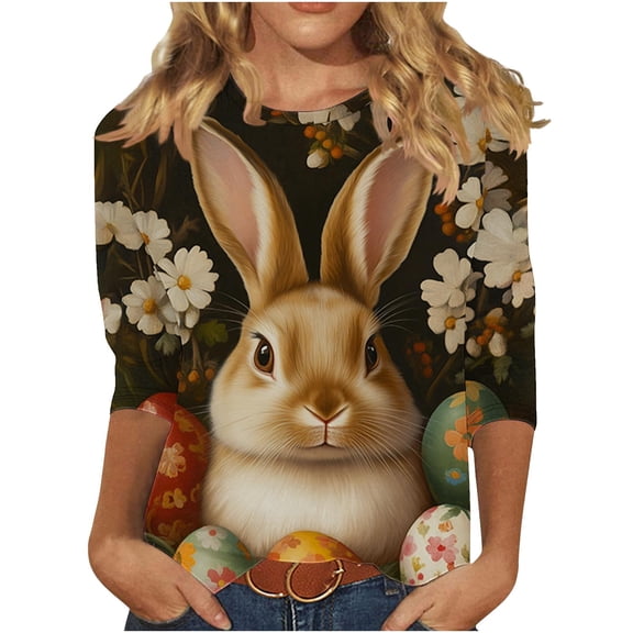 Womens Blouses Plus Size,Women Easter Shirts 2025 Cute Rabbit Bunny Pullovers Religious Tunic Blouse Funny Egg Graphic Tees 3/4 Length Sleeve Tops