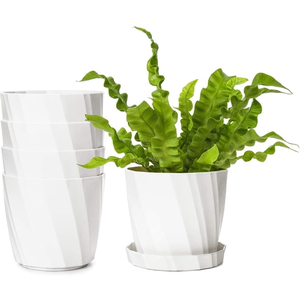 5 Inch Plastic Planters with Saucers,Indoor Flower Pots Set of 5 Modern ...