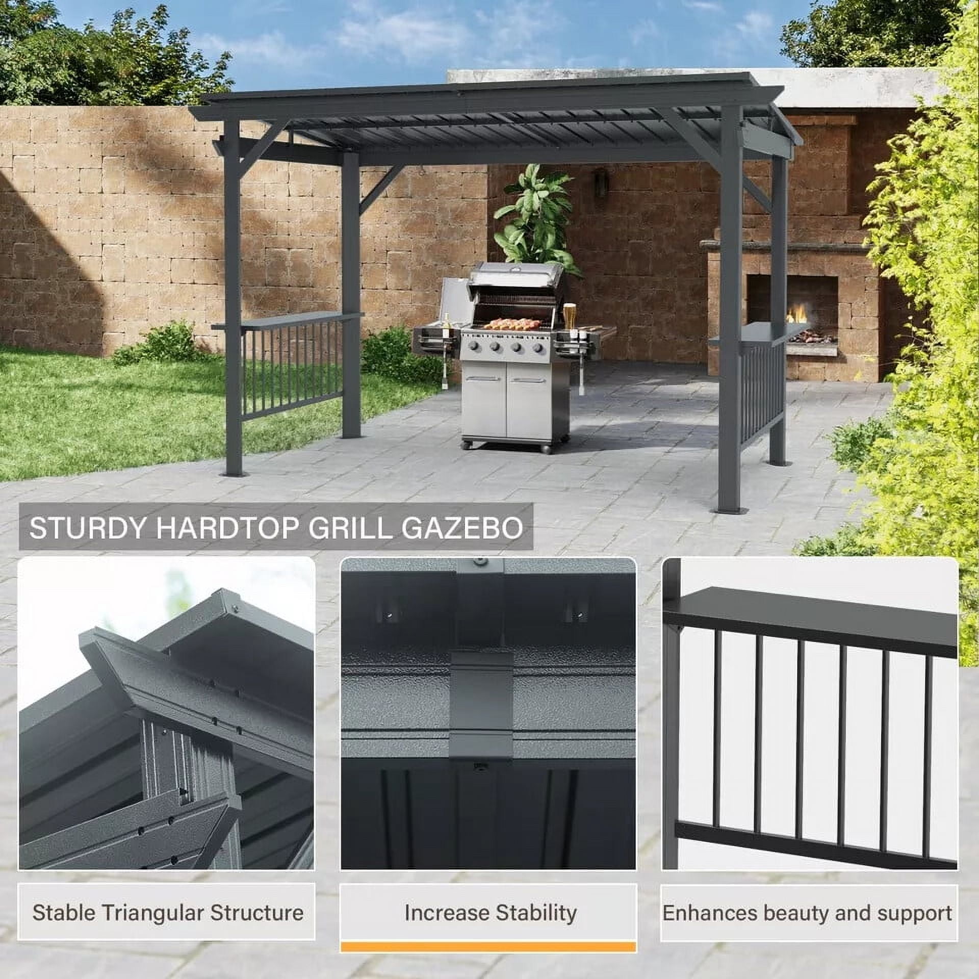 TOTAL 6.5x12FT Hardtop Grill Gazebo, Outdoor BBQ Shelter with 2 Side Shelves, Sloping Steel Roof, Permanent Sun Shade & Ceiling Hooks for Patio, Deck, Yard, Garden (Gray)