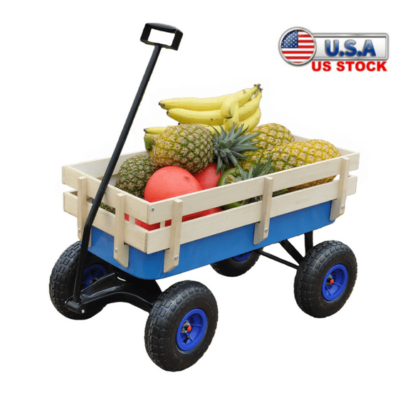 Tcbosik Metal Cargo Wagon with Removable Wood Railing, Heavy Duty Outdoor Tool Storage Cart with 10" All-Terrain Air Tires and Adjustable Handle for Beach Garden Camping, Blue
