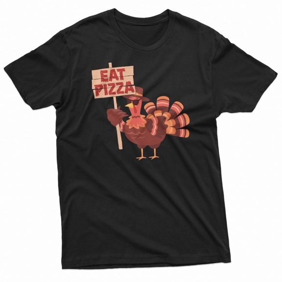 Women's T-Shirt, Graphic Tee Tops, Funny Thanksgiving T-Shirt, Turkey Protest, Eat Pizza, Humorous Tee, Holidays Tees,Causal,cotton,black,S-5XL