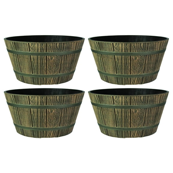 HC Companies 16 Inch Aged Wooden Oak Round Whiskey Barrel Planter (4 Pack)