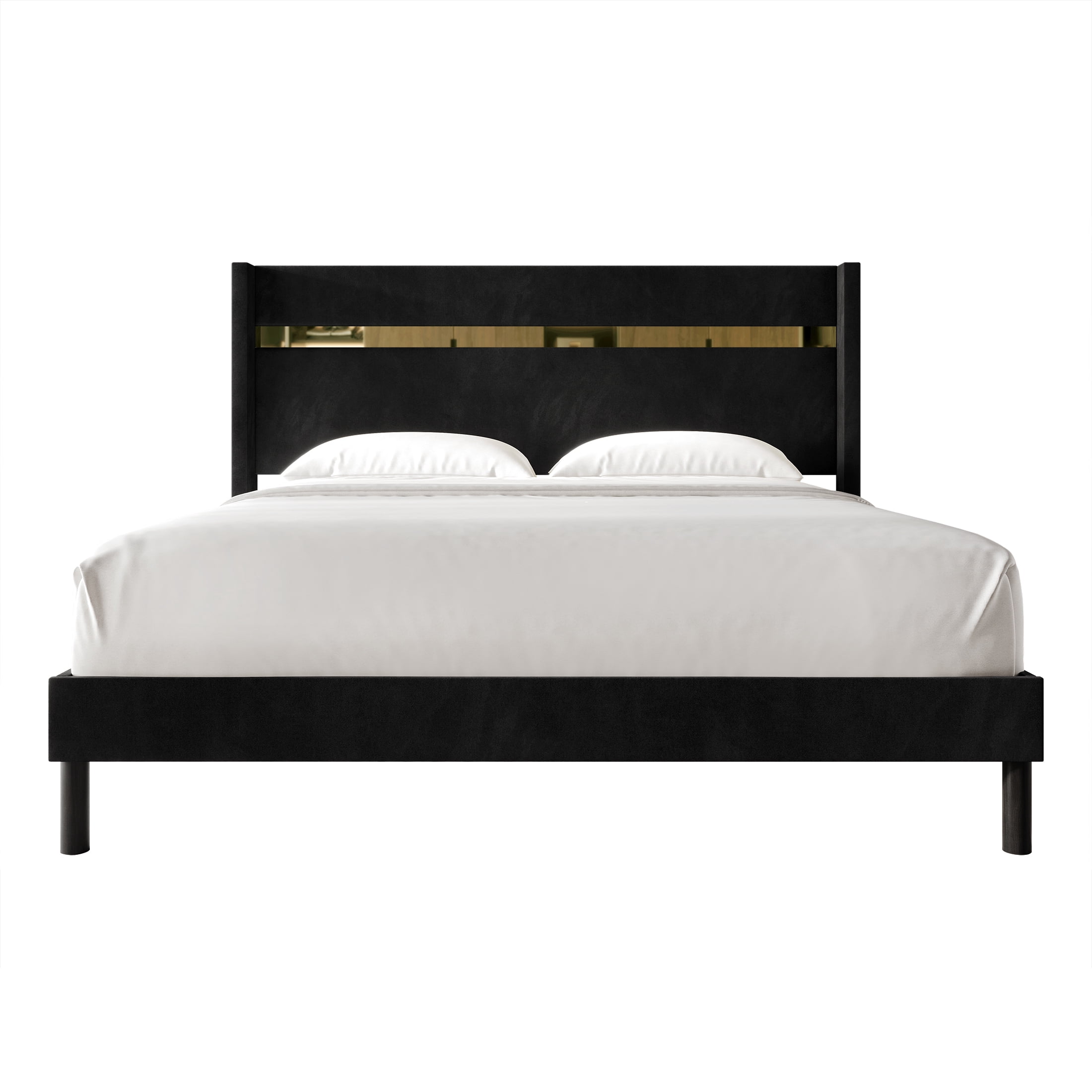 Castle Place Luxury Glam Velvet Wingback Queen Platform Bed with Gold Acrylic Accents, Black