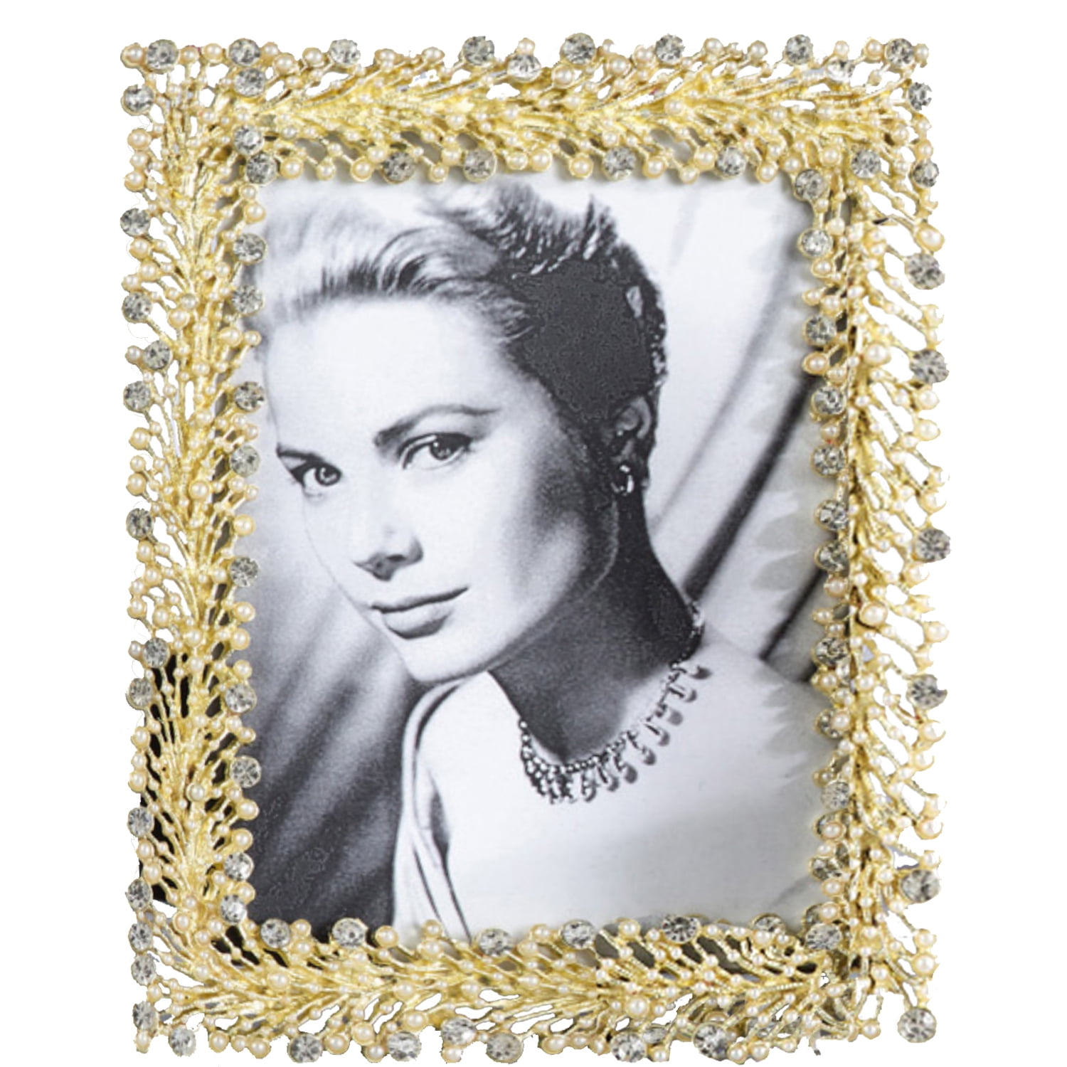 Elegant Crystal Pearl Bold Gold Bejeweled Photo Frame (5"x7