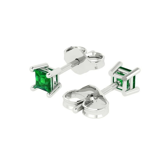 0.5 Ct Princess Cut Studs Green Emerald 14K White Solid Solid Gold Everyday Dainty Earrings Push Back