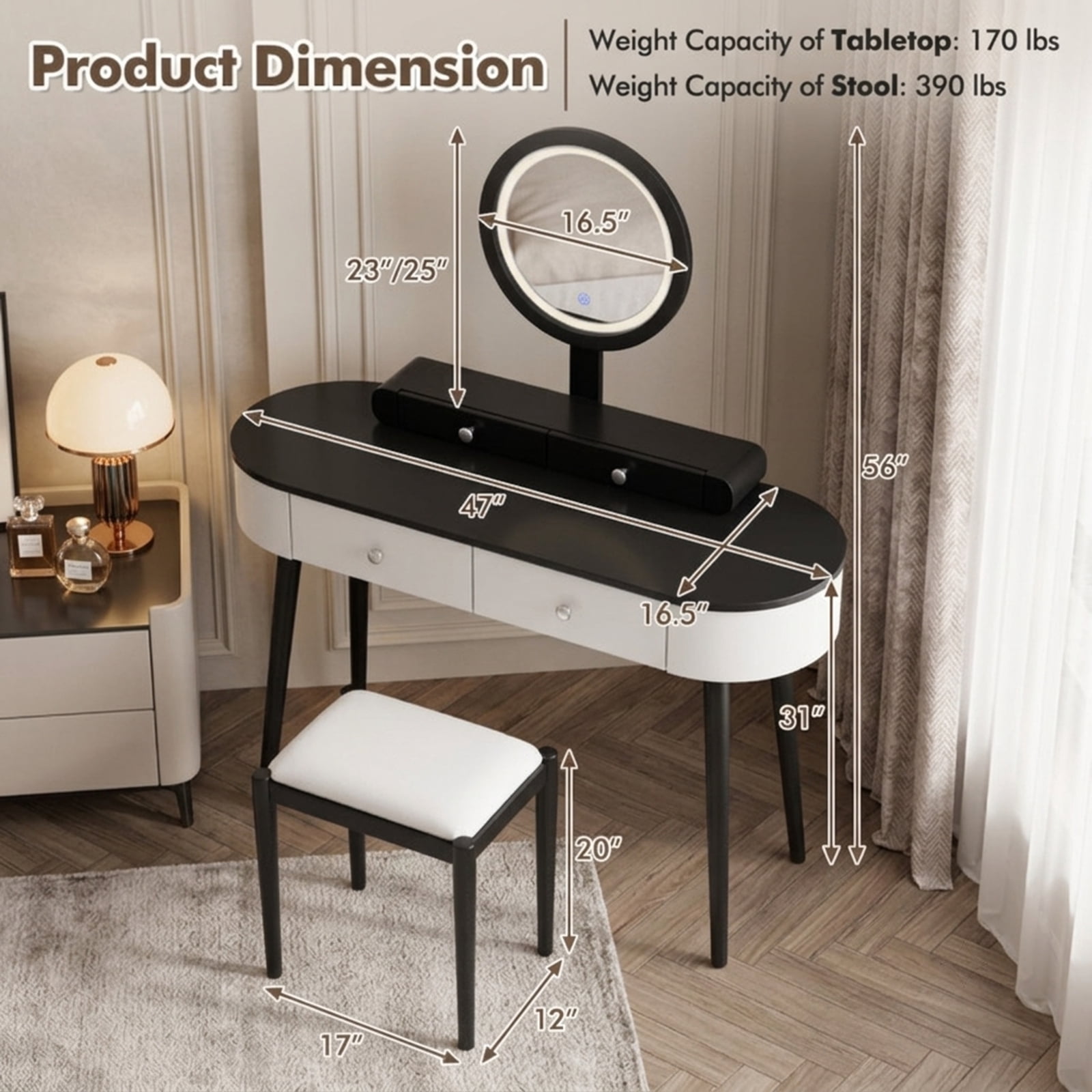 Furnibear Makeup Vanity Table Set with LED Mirror and 3 Spacious Drawers-White and Black for Bedroom Makeup Dressing Room Vanity Desk