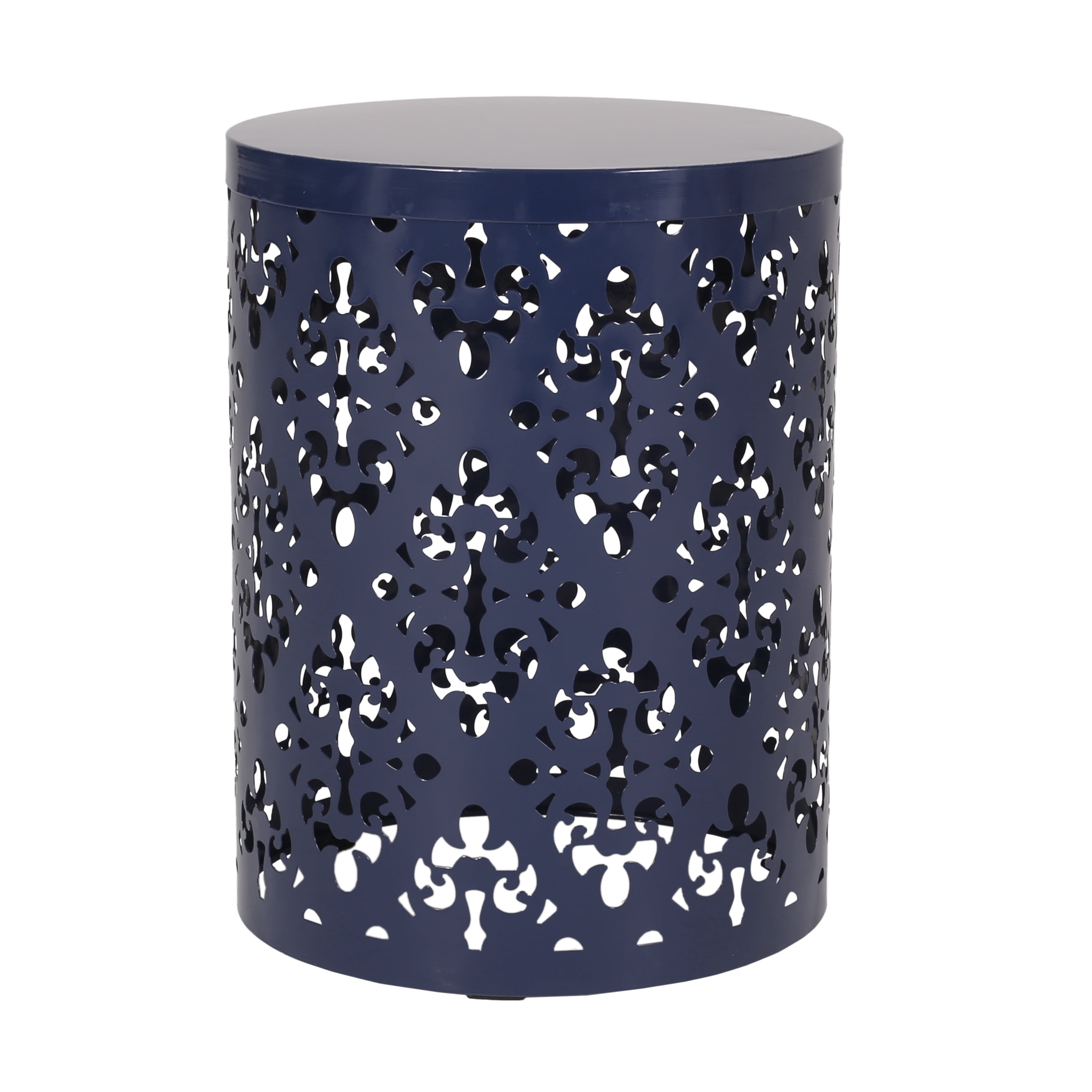 Outdoor Large Cylindrical Side Table, Floral Pattern Hollow Out Iron Tabletop for Patio Garden, Navy Blue