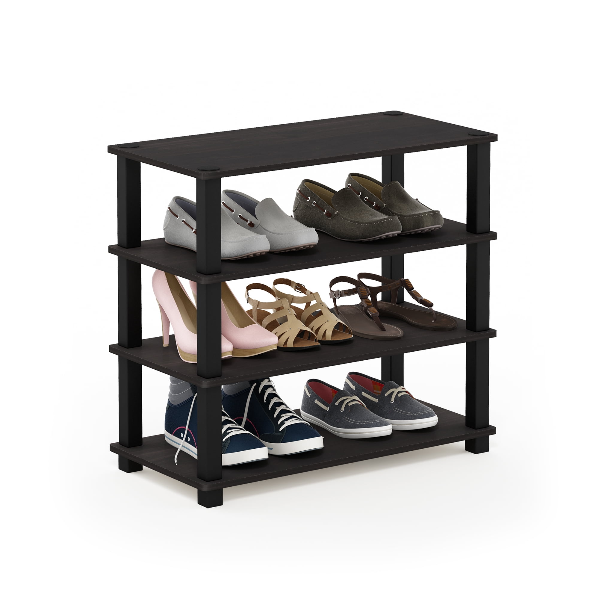 Furinno 4-Tier Turn-S-Tube No-tools Durable Shoe Rack, Plastic and Wood, Red and Black