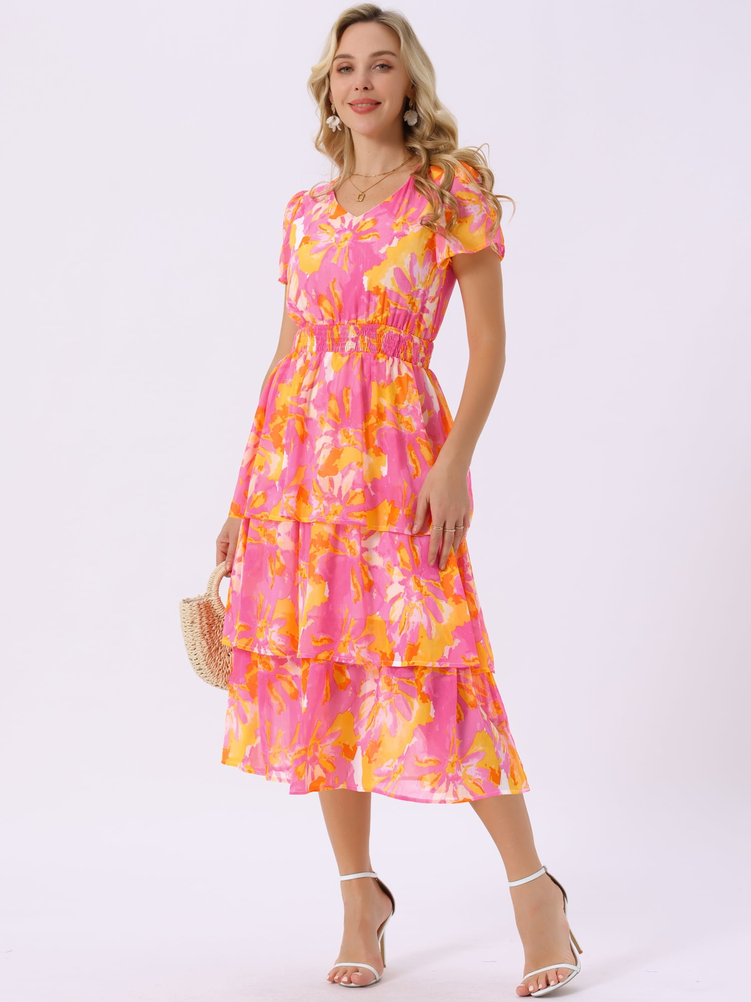 DARING DIVA Floral V Neck Short Sleeve Ruffle Tiered Midi Dress M Hot Pink