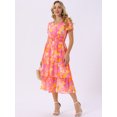 thumbnail image 3 of DARING DIVA Floral V Neck Short Sleeve Ruffle Tiered Midi Dress L Hot Pink, 3 of 7