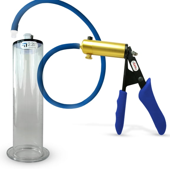 LeLuvĀ® Premium Ultima Penis Pump, Brass w/ Blue Silicone Grips & Hose | 9" Length x 2.25" Cylinder WIDE Flange Cylinder