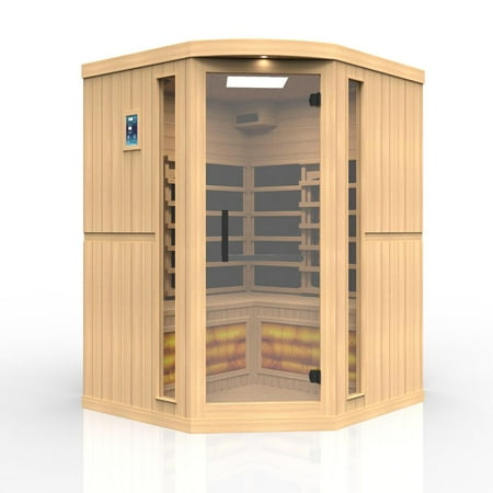 Golden Design Saunas Golden Designs 3-Person Corner Full Spectrum PureTech™ Near Zero EMF FAR Infrared Sauna with Himalayan Salt Bar (Canadian Hemlock)