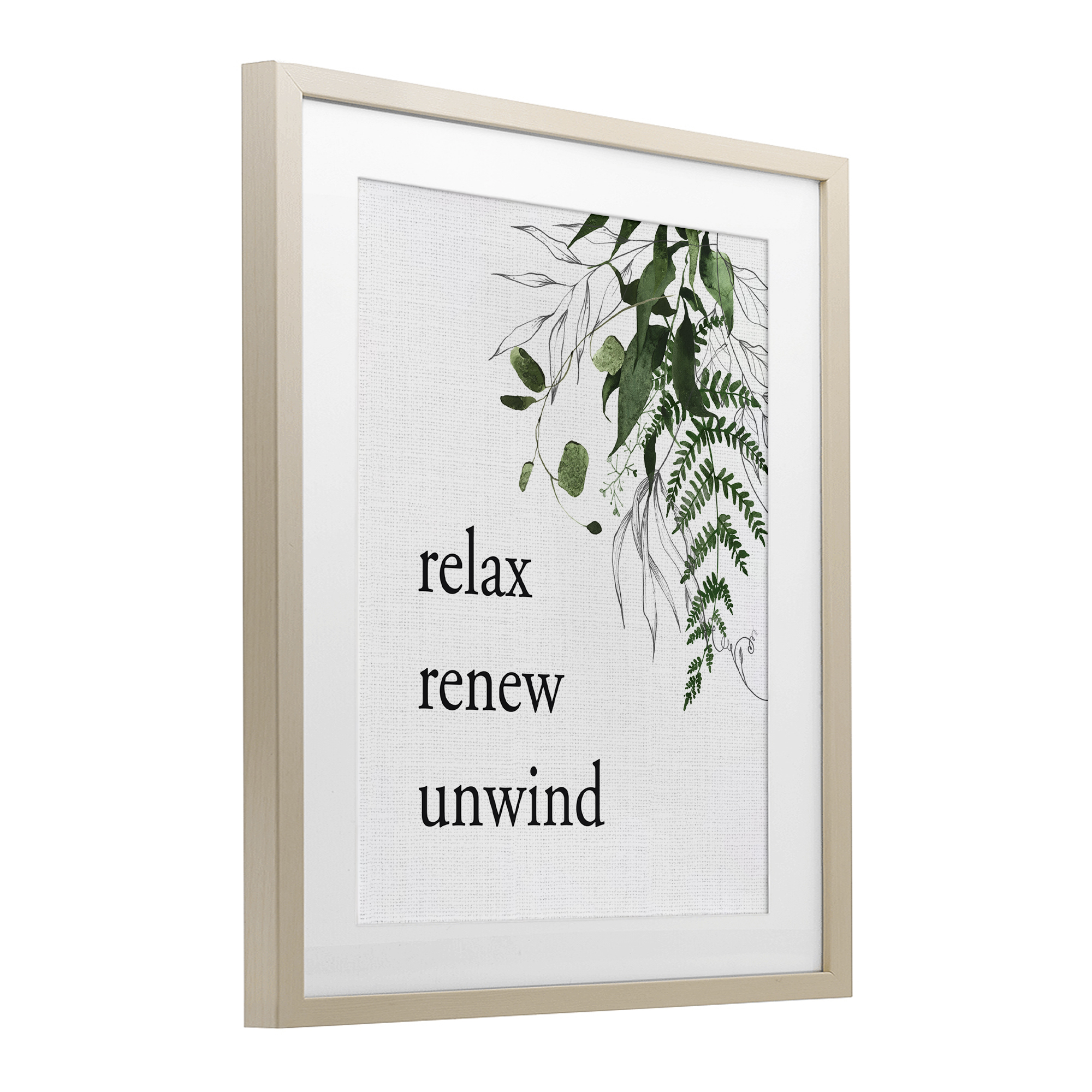 Relax Renew Unwind with Foliage Birch Framed Print Under Glass, design by Lettered and Lined