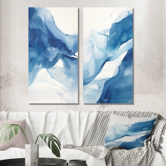 Designart "Blue And White Flowing Aquarelle Clouds III" Abstract Painting Wall Art Set Of 2 - Modern Blue Wall Decor Set Of 2