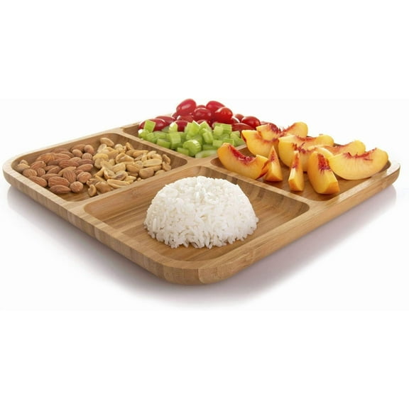 Square Platter| 100% Organic Bamboo| Sectional Wooden Dish| Serving Platter| Divided Wood Tray| Diet Plate| Portion Control Plate