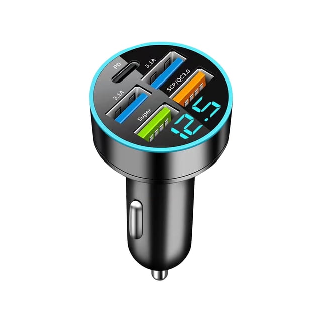 Pisexur Accesorios para coches, Electrónica para cochesCargador de coche digital de 4 puertos USB y 66 W, carga rápida PD, cabezal de carga para teléfono móvil, de uno a cuatro puertos, con cargador