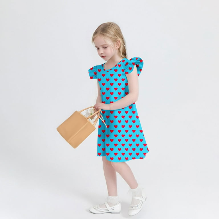 kids homecoming dresses Sparkly Girls Valentine Day Heart Print Dress Ruffle Sleeve Sundress Outfit Child Ruffle Sleeveless Dresses Blue 11Y nav-287