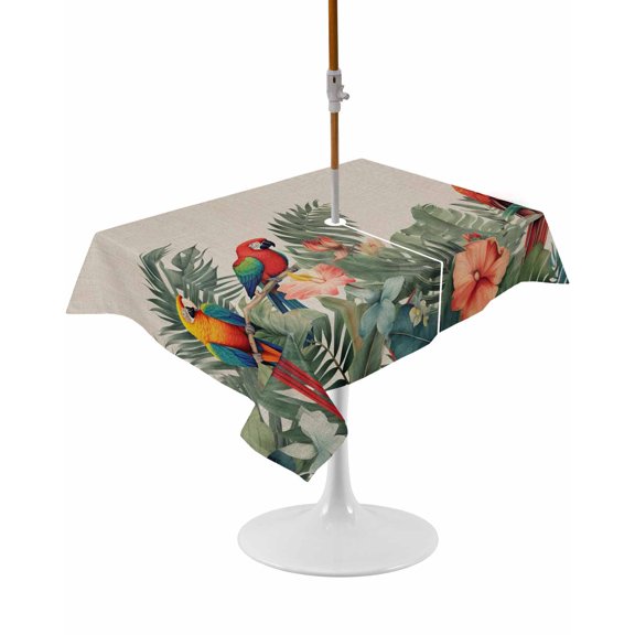 Outdoor Table Cloth with Umbrella Hole and Zipper, Summer Botanical Waterproof Rectangle Tablecloth 60"x102", Tropical Plants Birds Farmhouse Washable Table Cover for Outside Party Patio Picnic