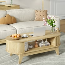 Fluted Coffee Table with Storage, Mid-Century Modern Coffee Table for Living Room with 2 Flip-Top Hidden Space, Oak
