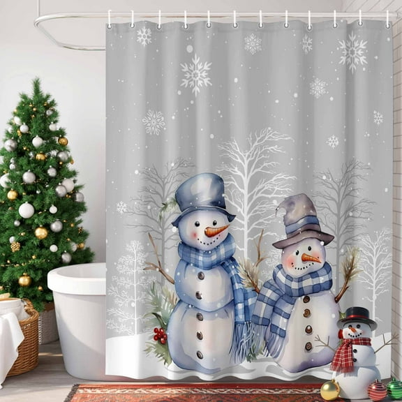 Christmas Snowflake Shower Curtain, 36" x 72", Snowman Waterproof Bathroom Curtain Washable Shower Curtain Set with 12 Hooks