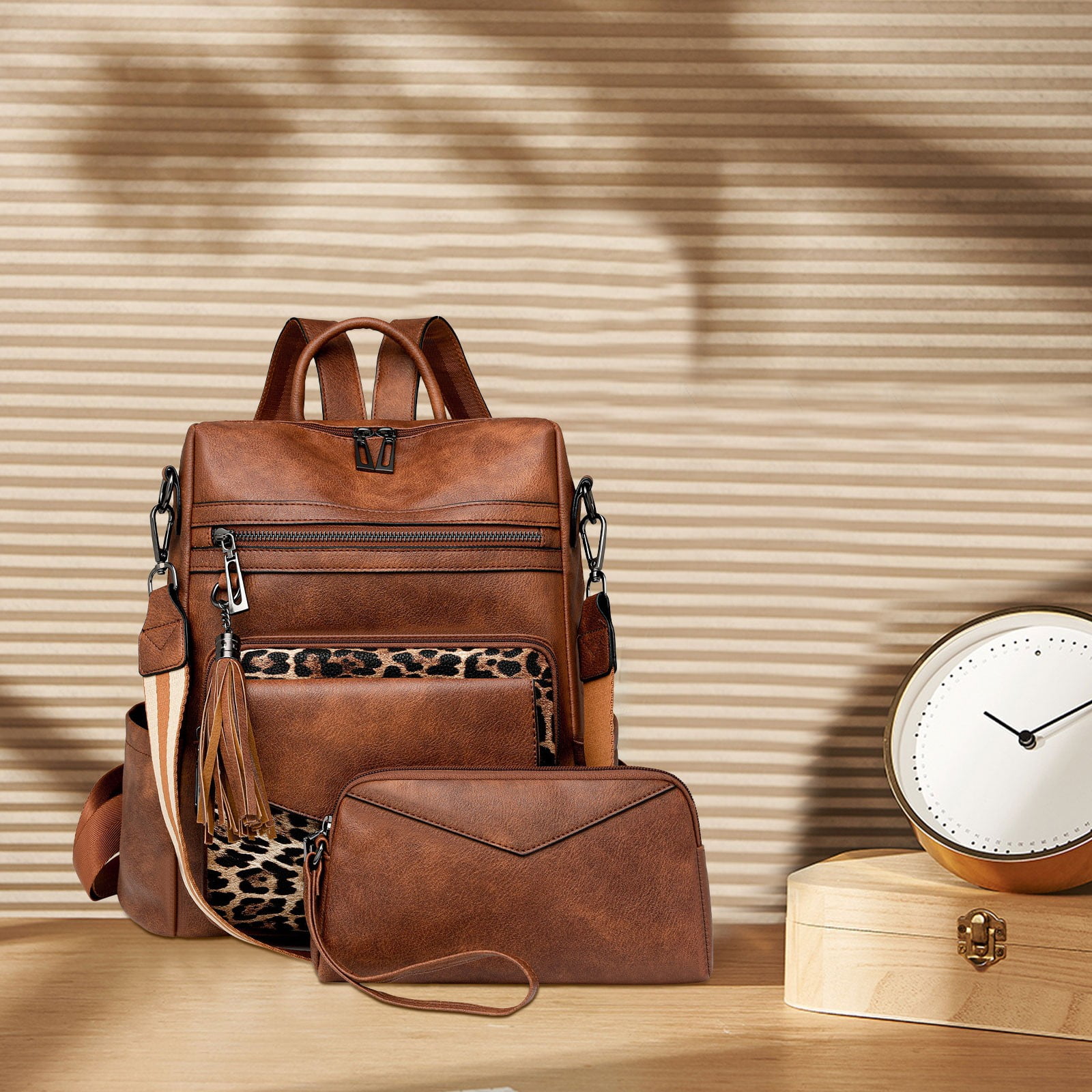 Modstep 2pcs Women Leather Backpack and Wallet Retro Zipper Compartment Daypack Travel Lightwight Purse with Adjustable Strap Brown