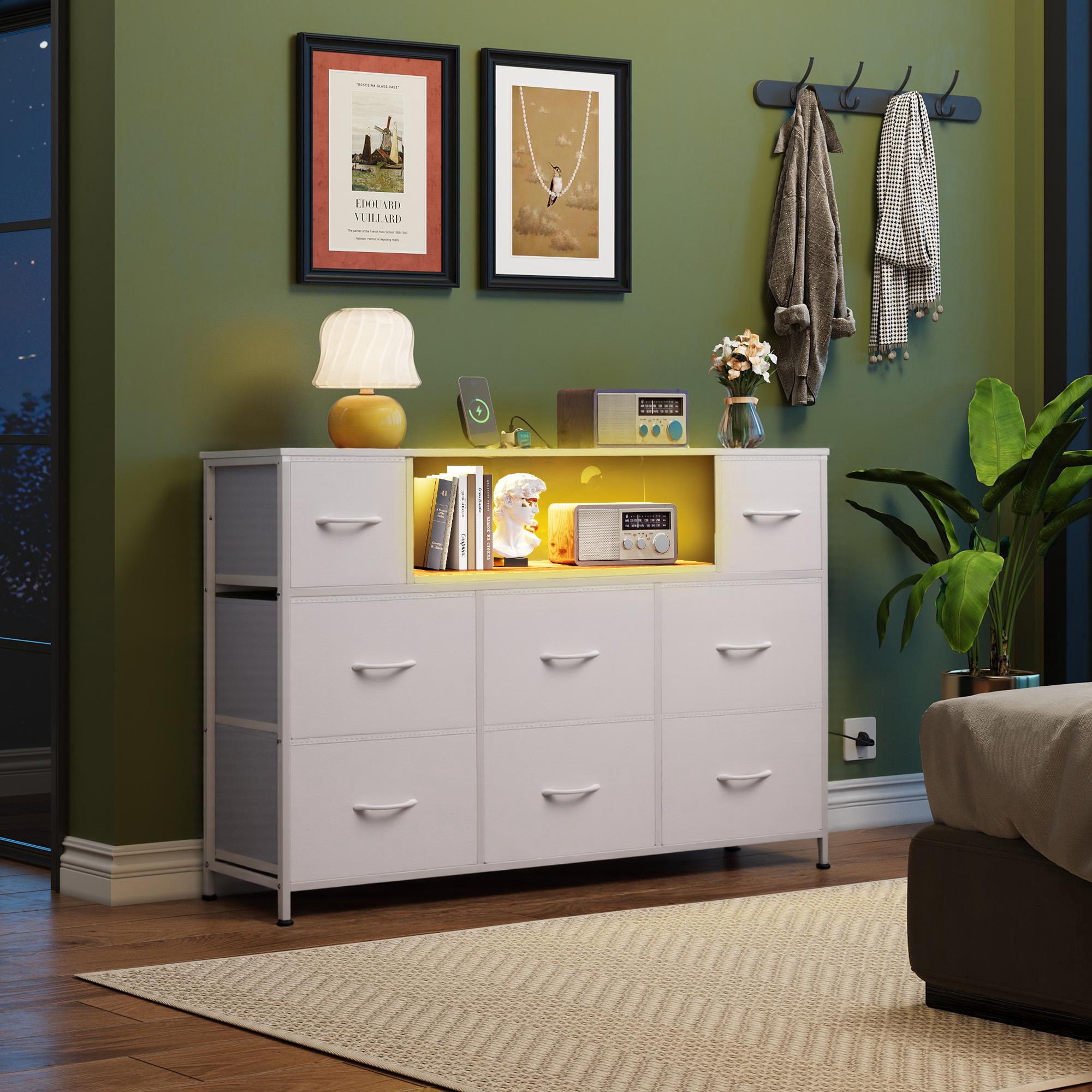 GALAXHERO 8-Drawer Dressers for Bedroom, Dresser TV Stand for 55'' TV with LED Lights and Power Outlets, Fabric Chest of Drawers for Living Room, Entryway, White