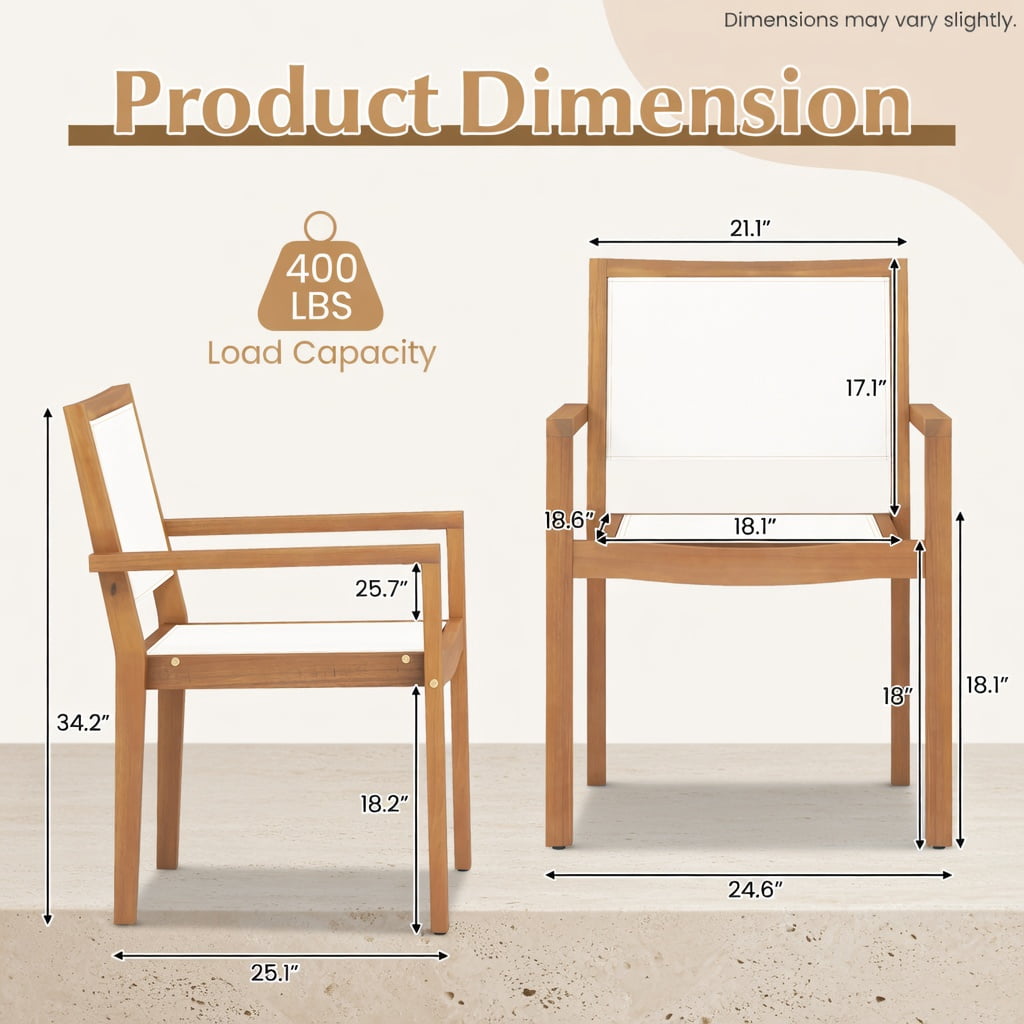 Hommoo 2-Pack Stackable Outdoor Dining Chairs with Acacia Wood Frame & Weather-Resistant Fabric, Ergonomic Design for Patio, Deck, Balcony, White+Natural