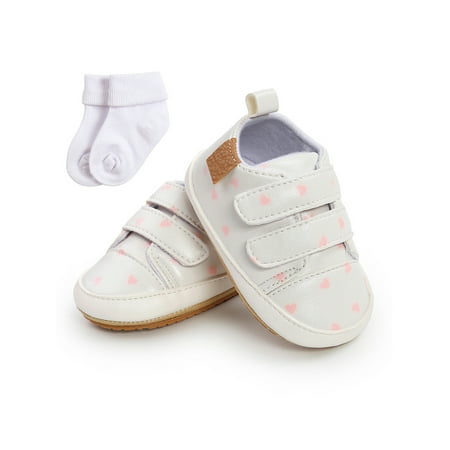 

Ymiytan Toddler Kids Flats Prewalker Crib Shoes Casual Moccasin Shoe Walking Comfortable Lightweight First Walkers Sneakers Heart Print-White with Socks 4C