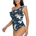 thumbnail image 2 of Easygdp Friendly Smiling Sharks Women's One Shoulder Ruffle Monokini Bathing Suits with Removable Chest Pad, Quick Drying - Small, 2 of 8