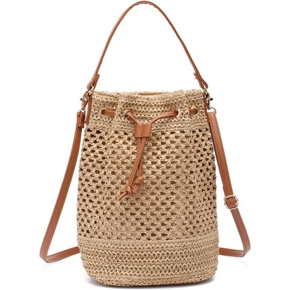 Straw Drawstring Shoulder Bag Women Summer Woven Beach Vacation Handbag Crossbody Bag
