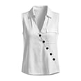thumbnail image 6 of aohooy Womens Sleeveless V Neck Shirts Cotton Linen Oblique Button Decorate Blouse Loose Collared Work Tank Tops with Flap Pocket White,S, 6 of 8