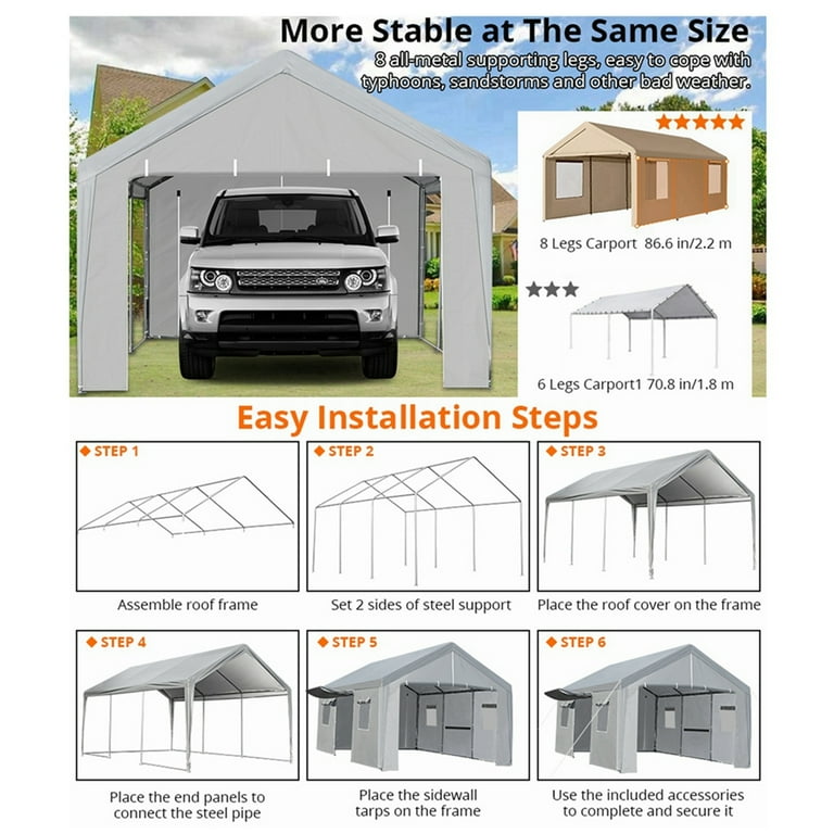 Garvee Galvanized Steel Carport Canopy 10 x20 Outdoor Car Shelter Portable Garage with Window Sidewalls and Doors
