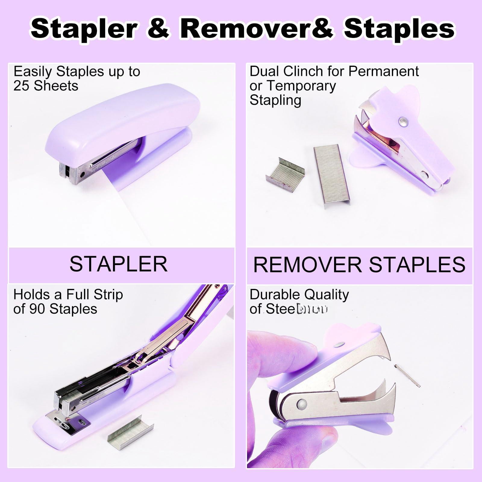 Purple Desk Organizers And Accessories Set With 360-degree Rotating Pen Holder  Tape Dispenser Stapler Staple Remover 1000 Staples Clips Ruler Scissor
