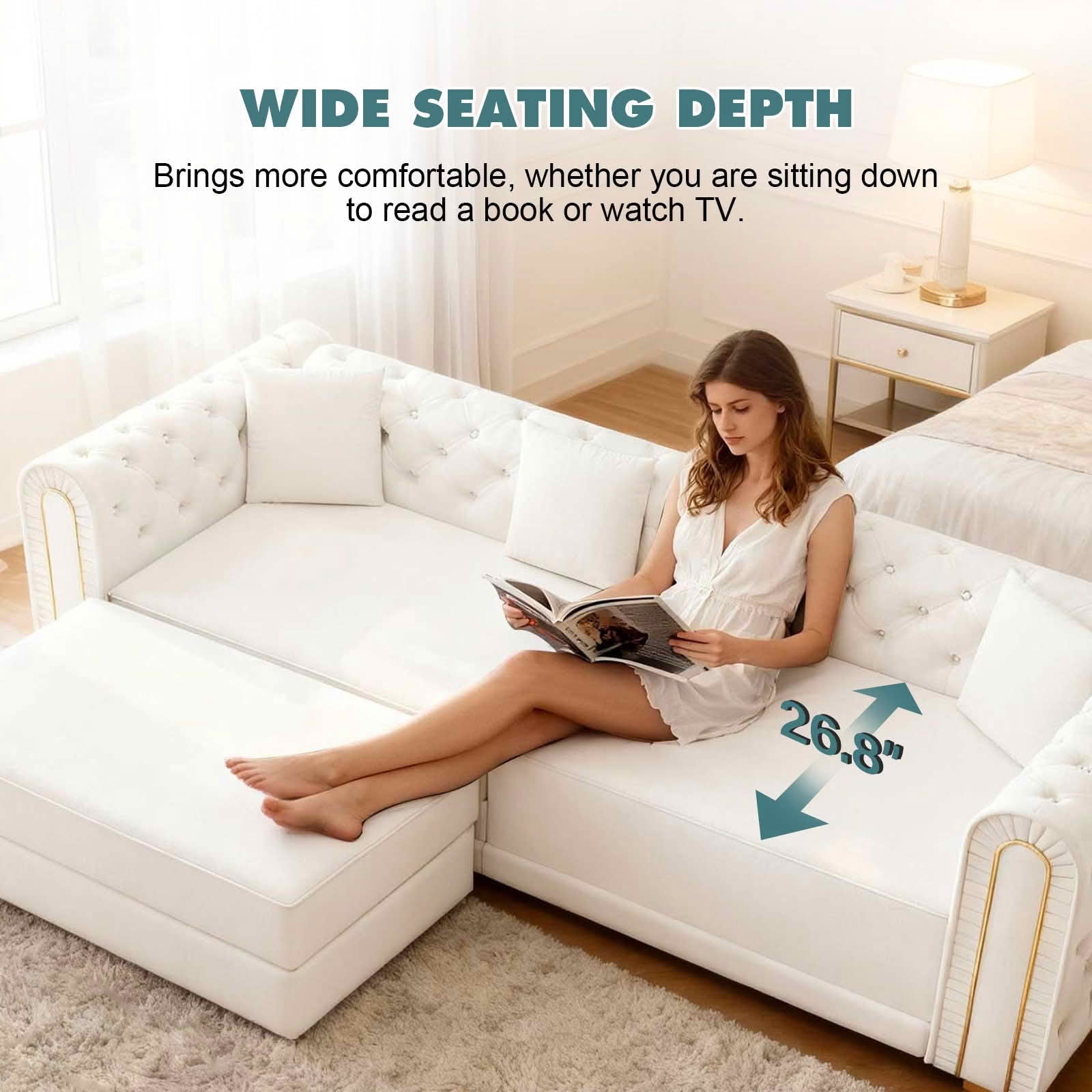 MAYEERTY 90.6" 3‑in‑1 Convertible Sleeper Sofa, Modern Velvet 3‑Seater Couch with Tufted & Gold Trim, Movable Ottoman, 4 Pillows Included